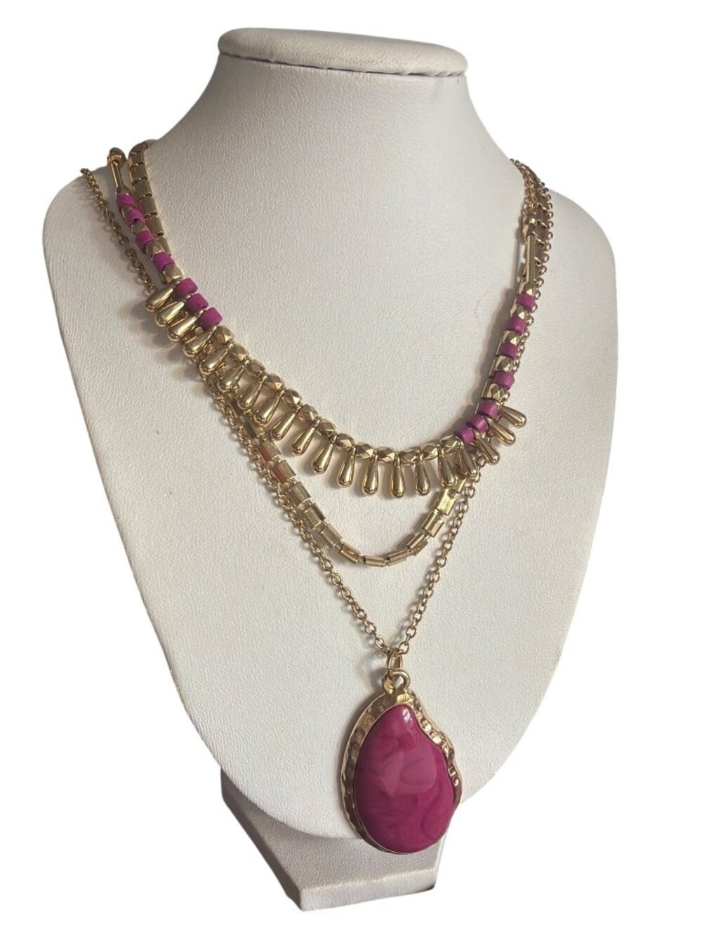 Layered Gold Tone Necklace Purple Pendant Beads Multi Strand Statement Adj 21"